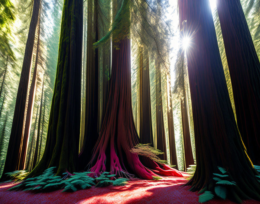 Towering Redwood Trees and Fern-Covered Forest Floor