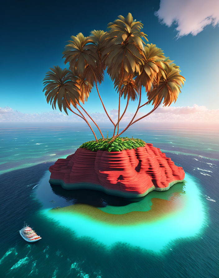 Tropical island with palm trees on red rock, turquoise waters, boat, blue sky