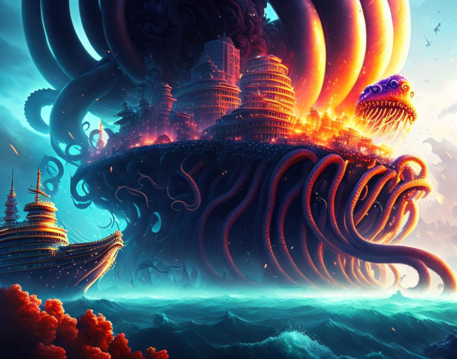 Octopus-like creature with cityscape on back in ocean with jellyfish and ship under blue sky