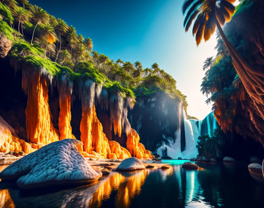 Lush tropical waterfall with palm trees and orange rocks