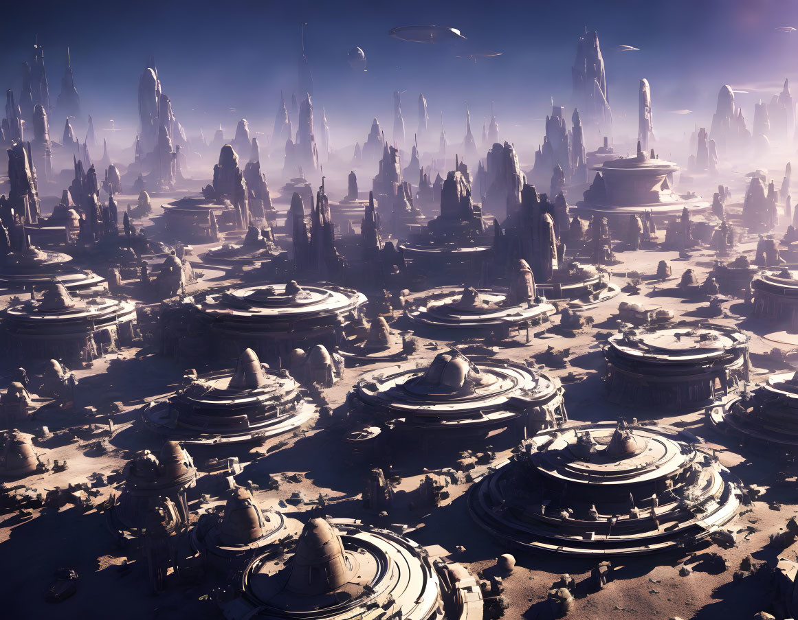 Futuristic desert city with towering spires and flying vehicles