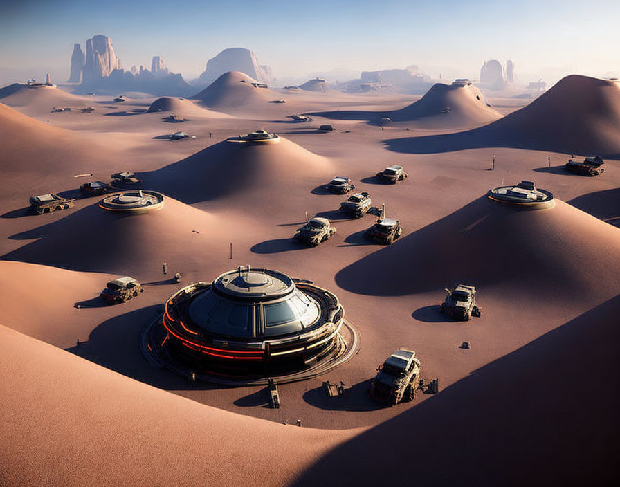 Futuristic desert settlement with dome structures and vehicles