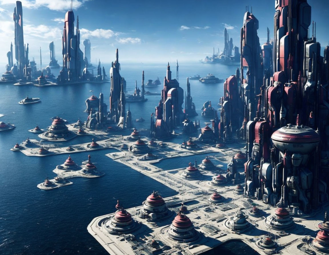 Futuristic cityscape with towering skyscrapers and advanced vessels above water