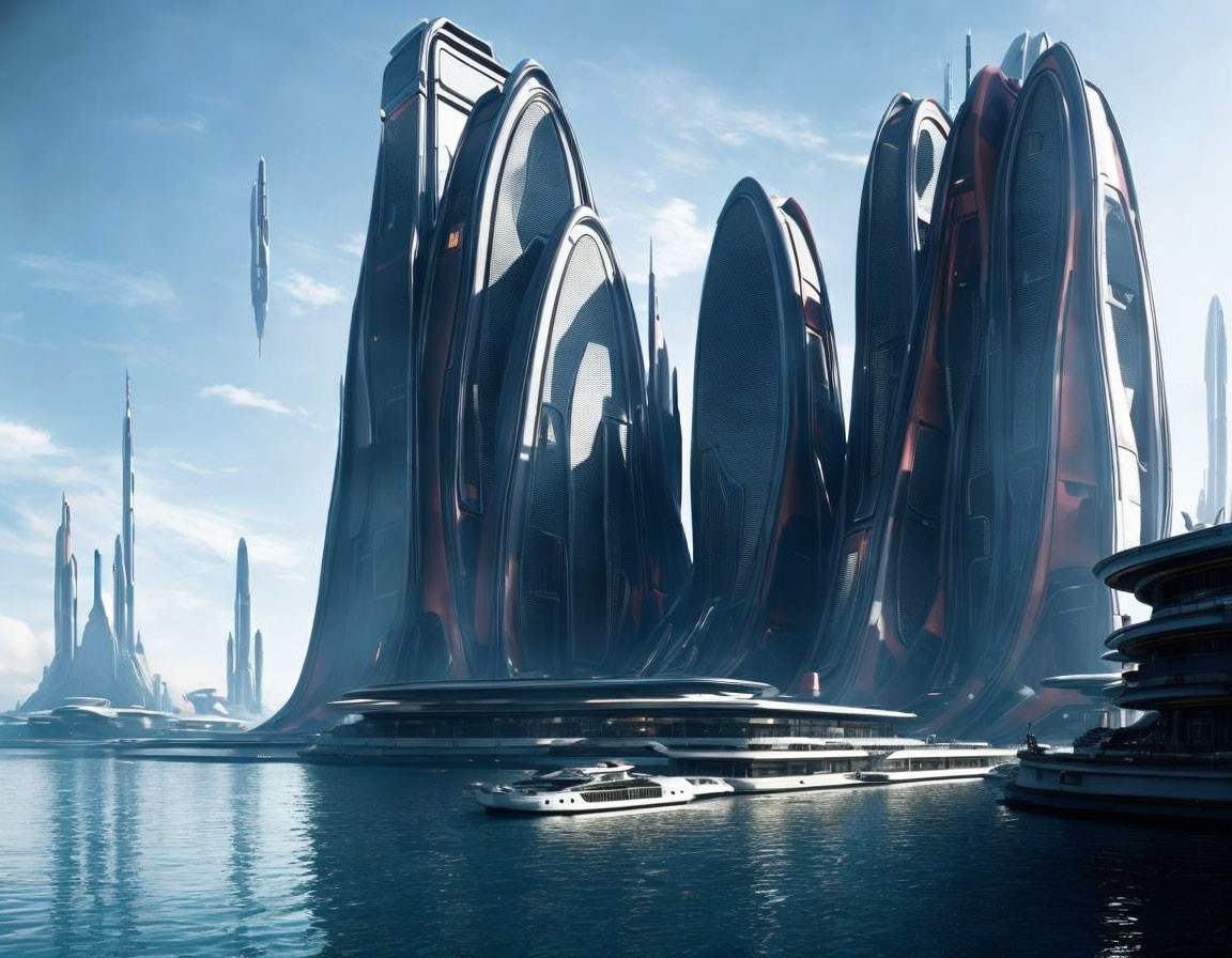 Futuristic cityscape with tall skyscrapers and waterways