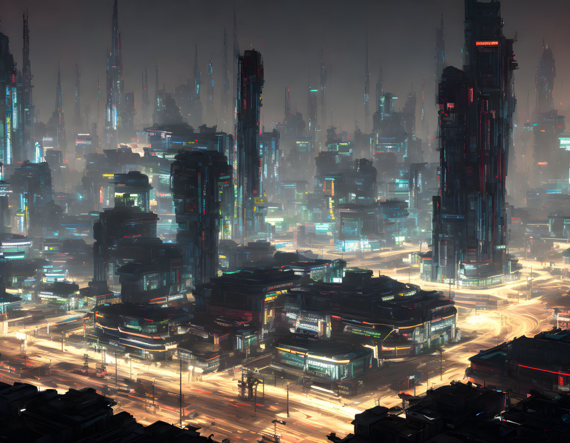 Nighttime futuristic cityscape with illuminated skyscrapers, neon lights, and busy traffic.