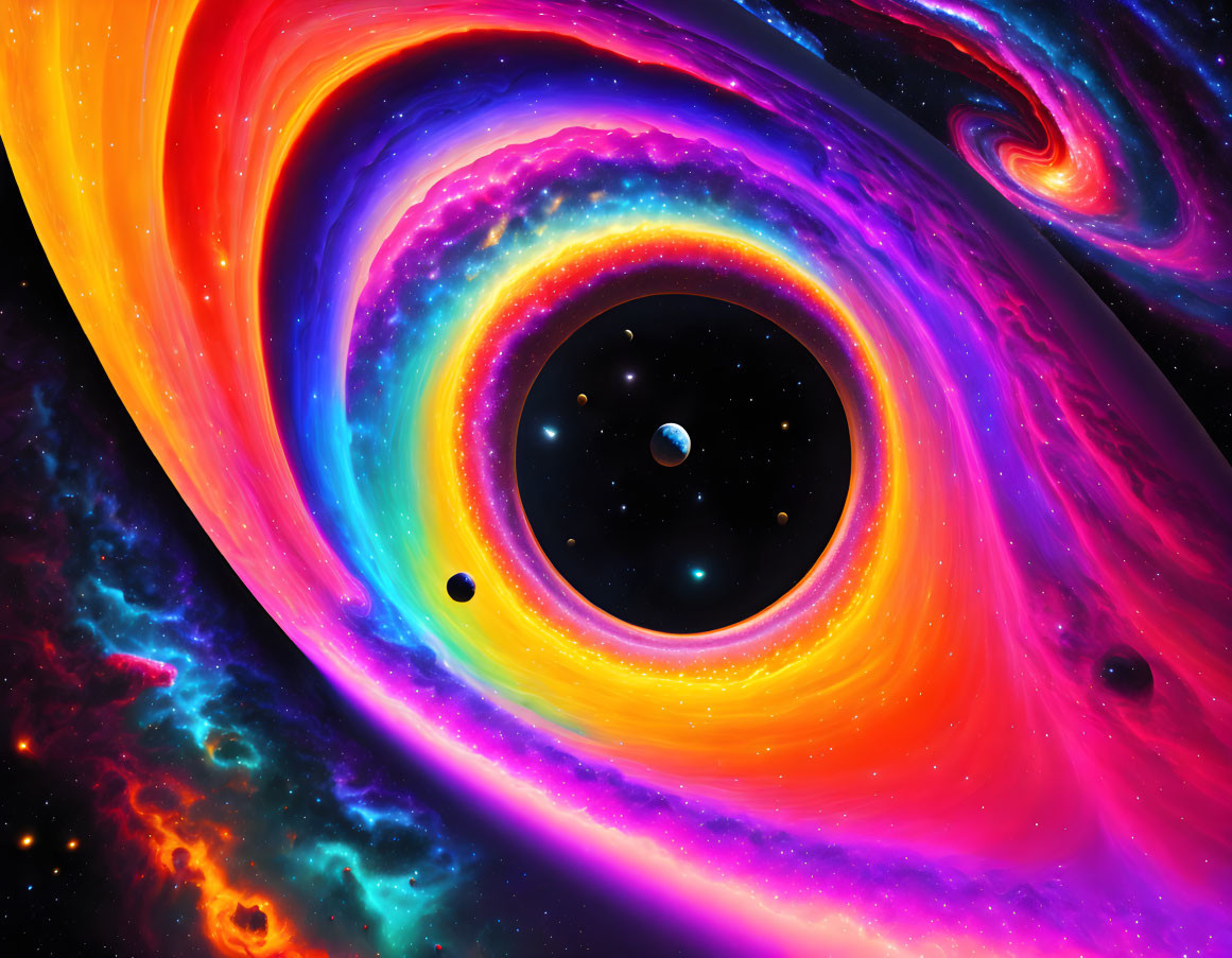 Colorful space scene with swirling rainbow galaxy and planets.