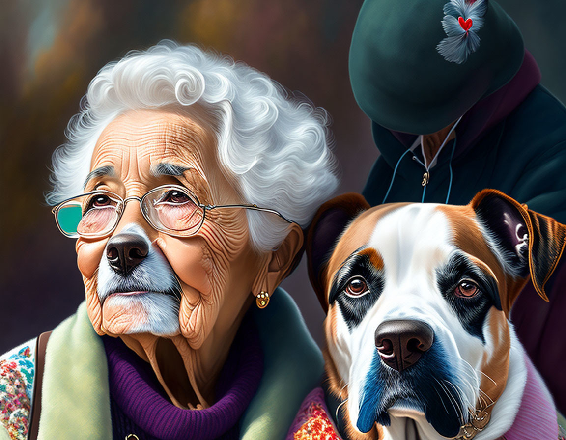Elderly woman with glasses and colorful scarf with loyal dog in autumnal setting
