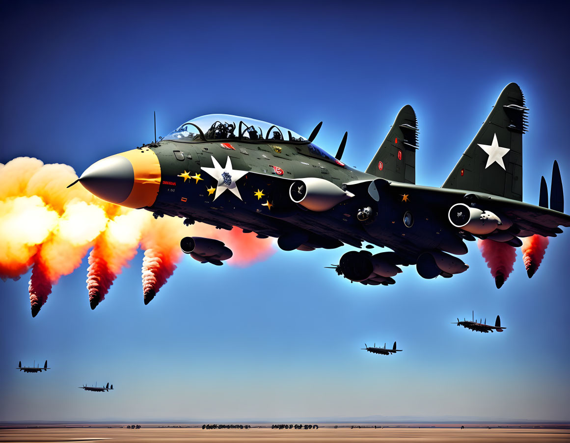 Military jet with red star insignia emitting colorful smoke trails in clear sky