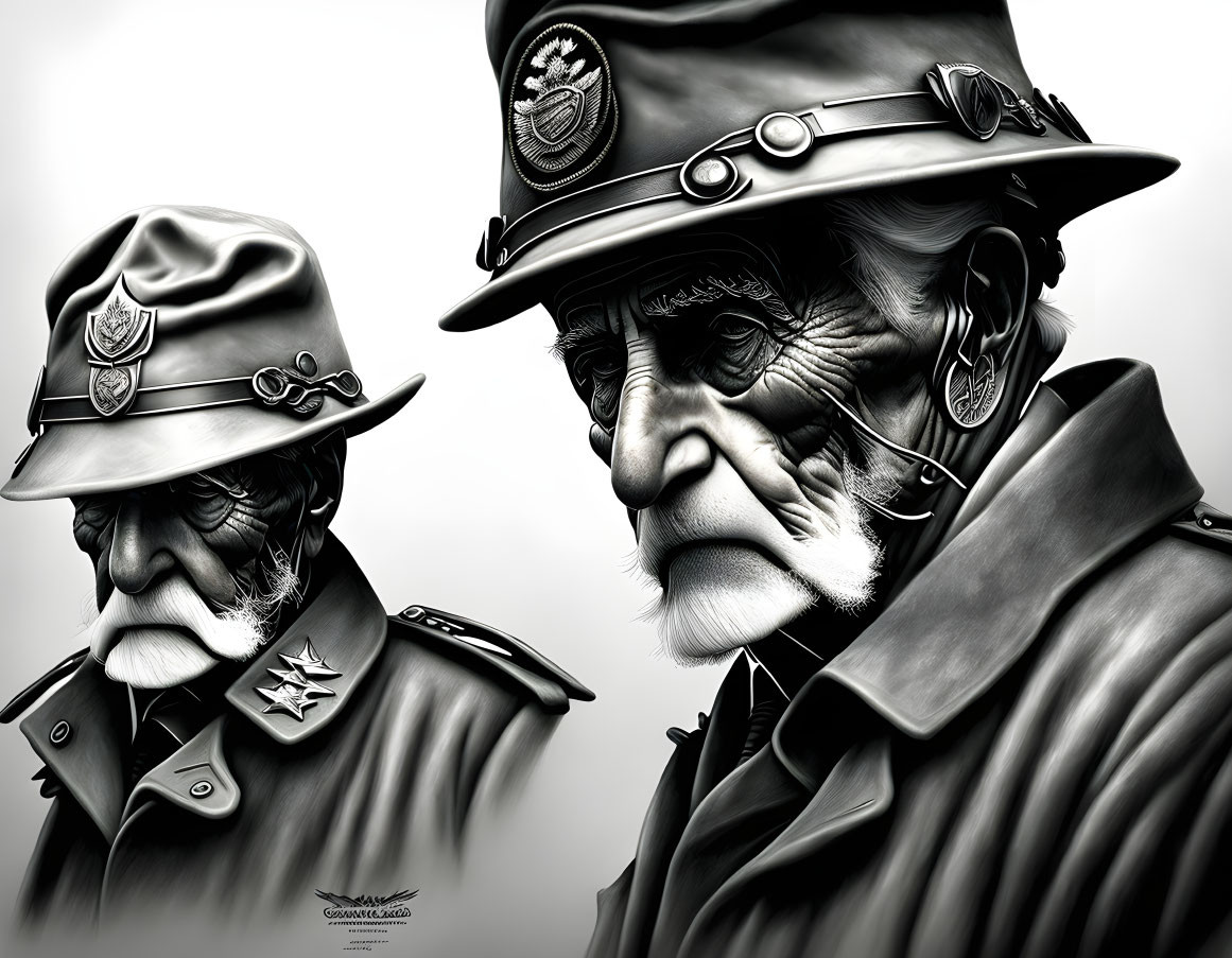 Monochrome artistic portrayal of two elderly men in military hats with badges, showcasing solemn expressions and intricate wrinkles