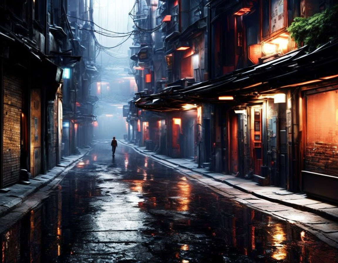 Person walking in rain-soaked alley under neon lights
