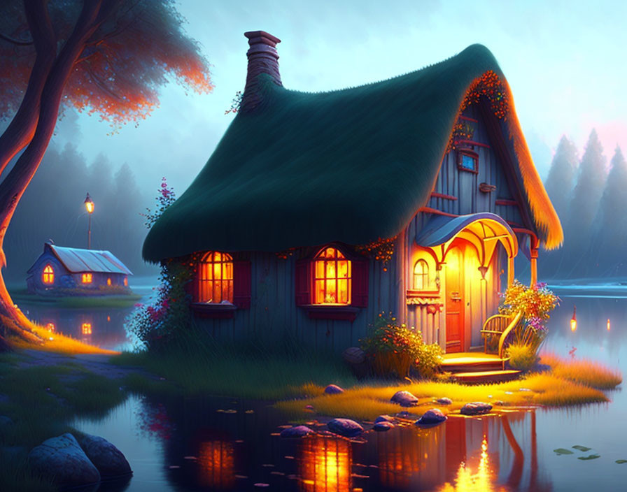 Quaint Cottage with Thatched Roof by Serene Lake at Twilight