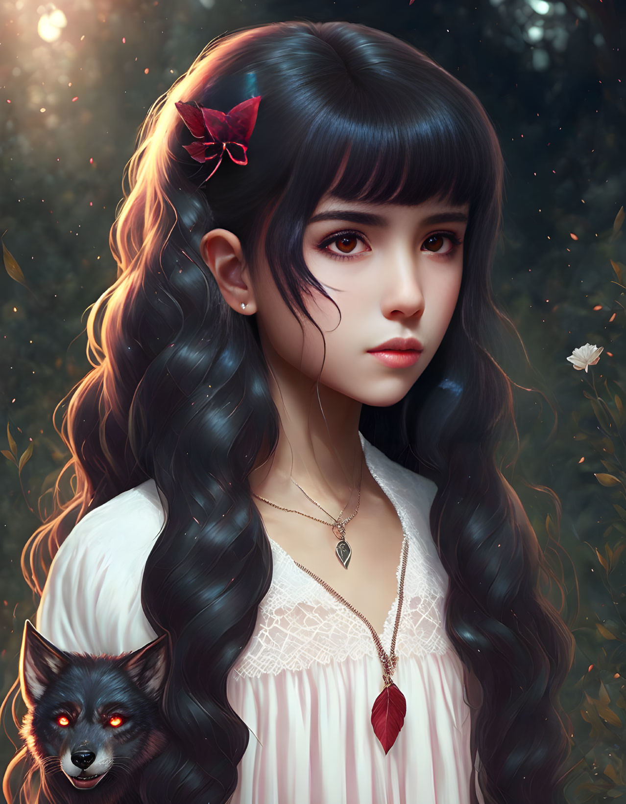 Digital portrait of woman with expressive eyes and wavy black hair, featuring red butterfly clip and small black