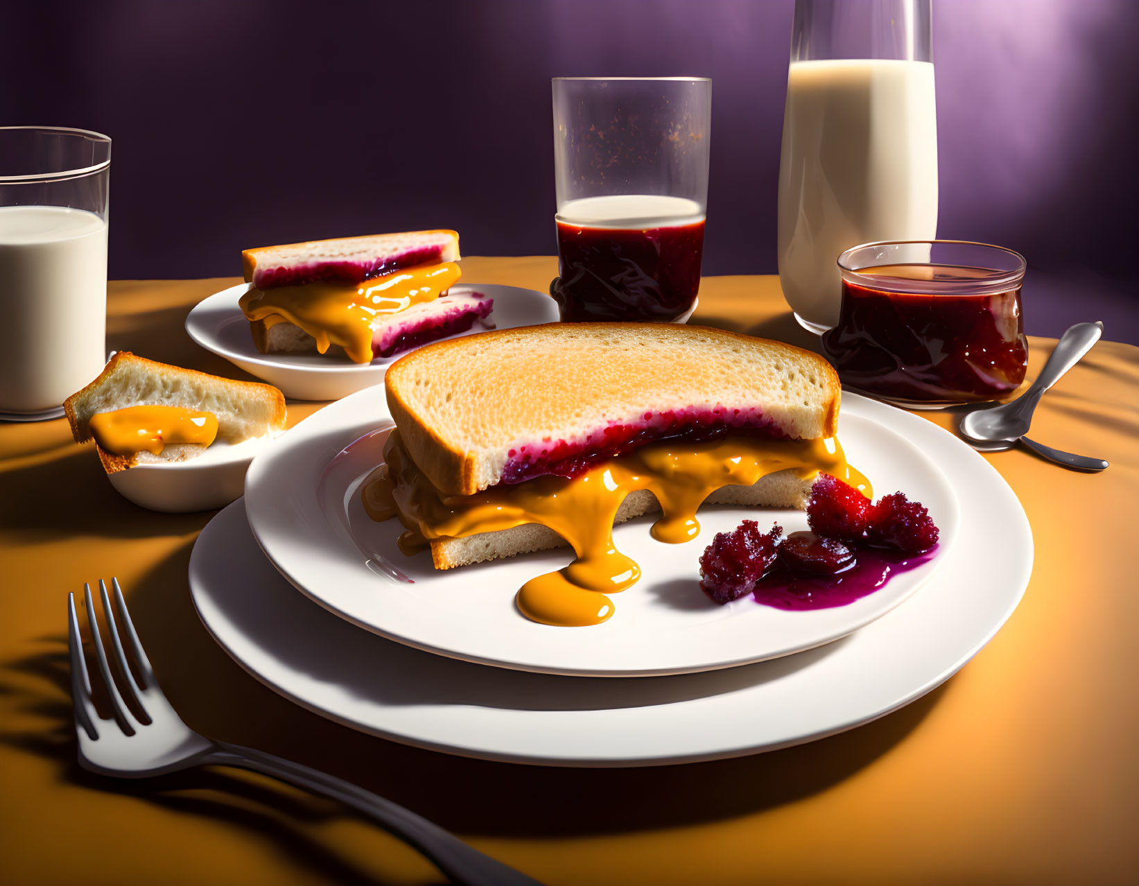 Melting cheese grilled sandwich with berry jam, glass of milk on warm-lit table