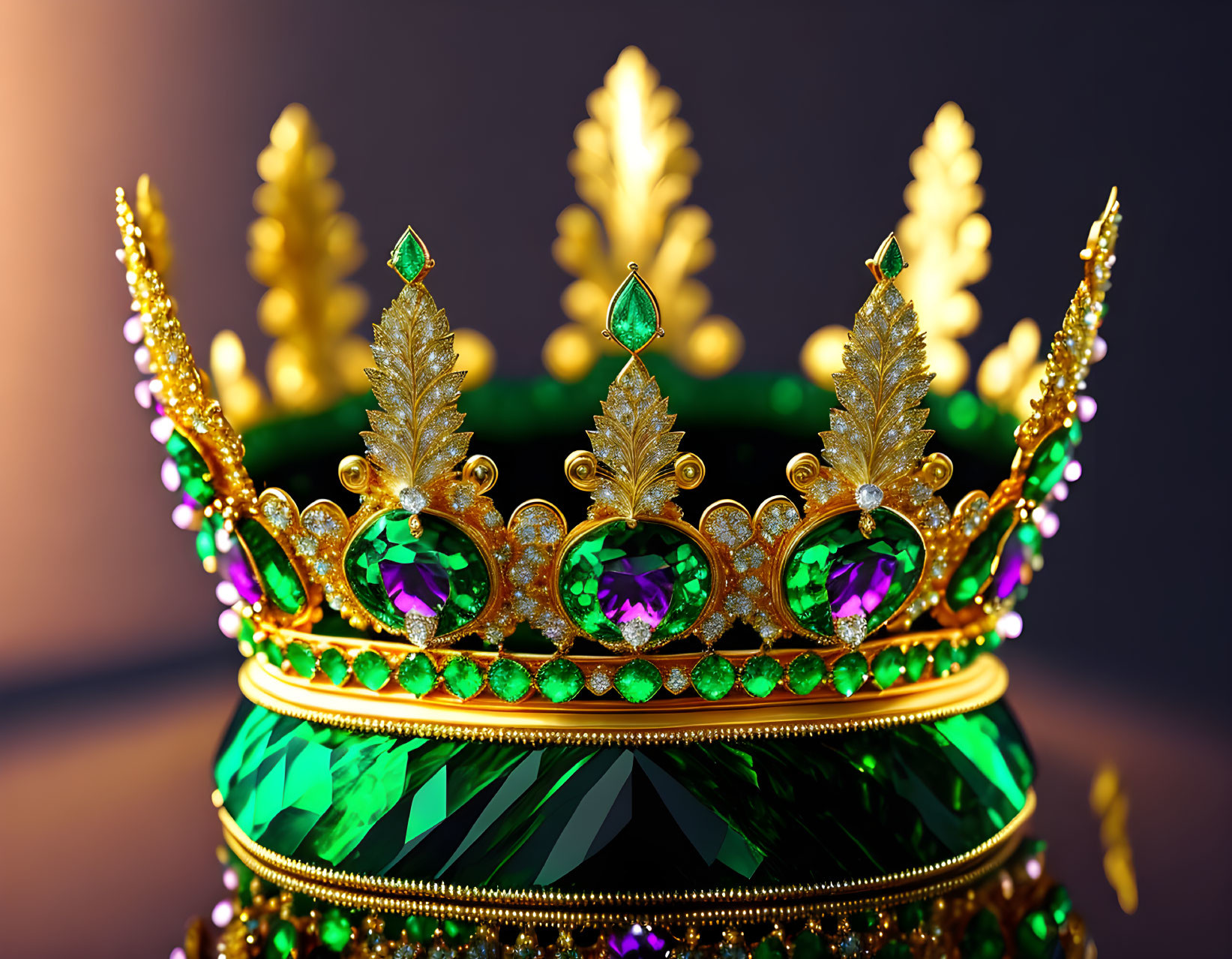 Golden Crown with Emeralds and Purple Gemstones on Blurred Background