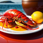 Cooked lobster on plate with lemon and garnish by the sea on sunny day