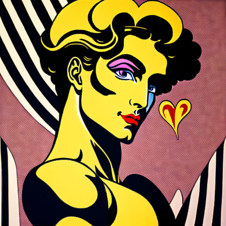 Colorful pop art illustration of woman with yellow hair, purple eyeshadow, red lips, and