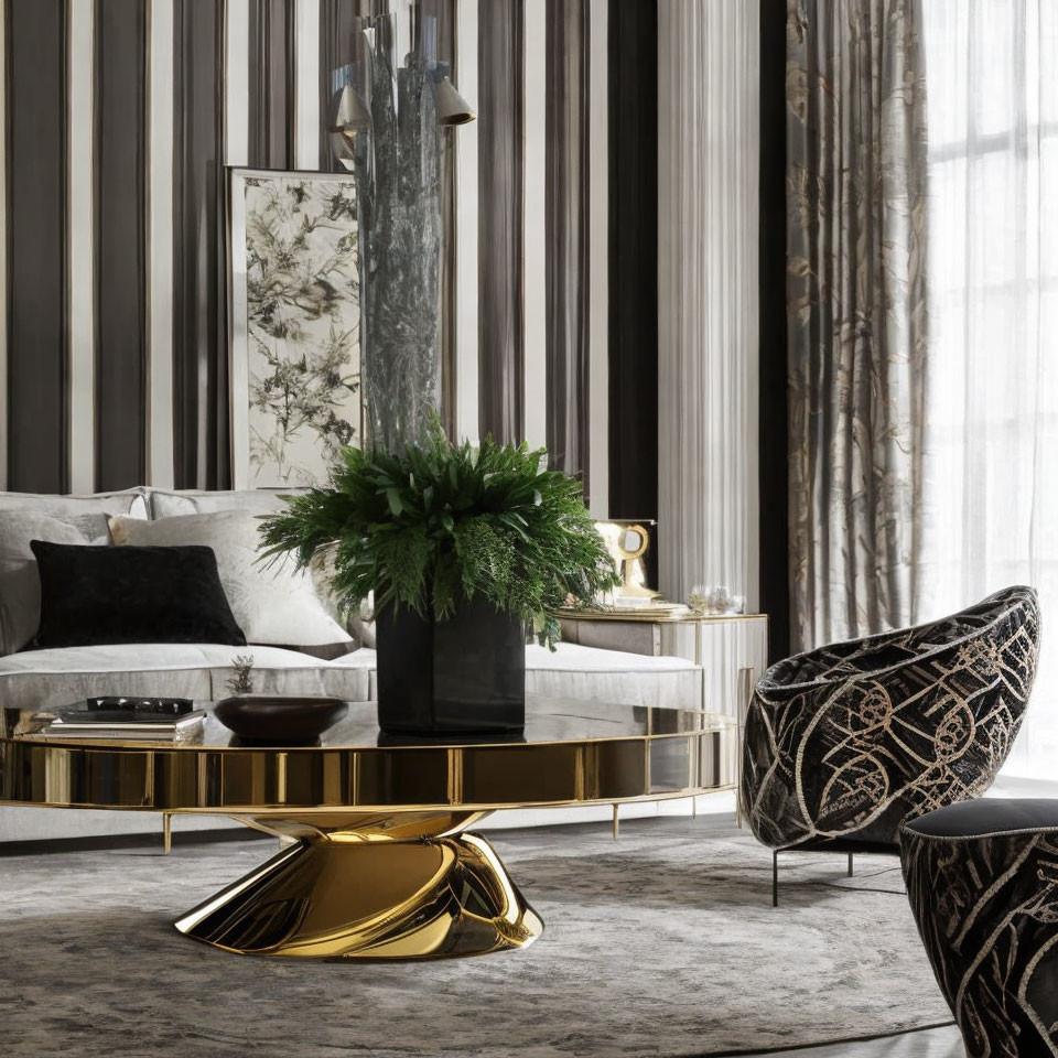 Luxurious Living Room with Metallic Gold Coffee Table & Elegant Gray Sofas