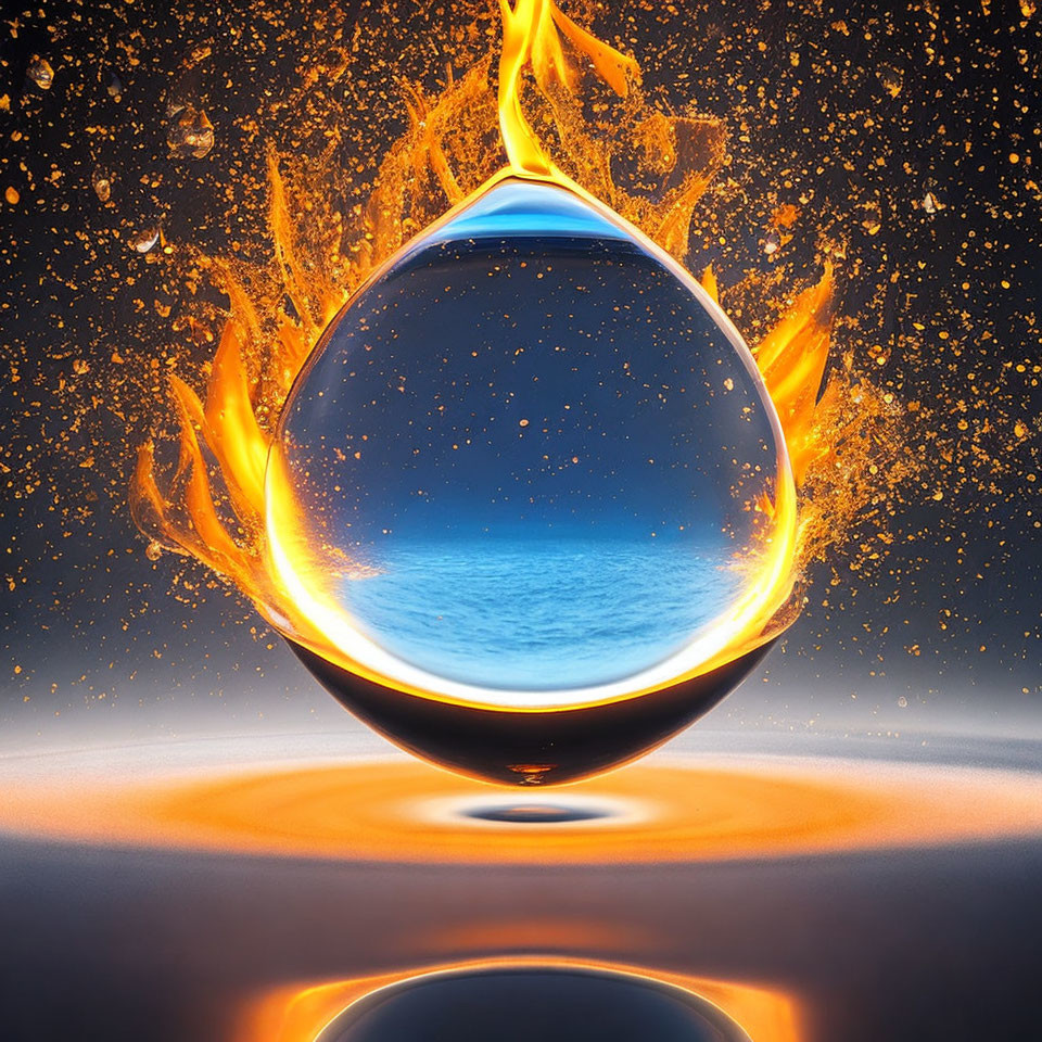 Crystal ball with water scene, surrounded by flames on ember backdrop