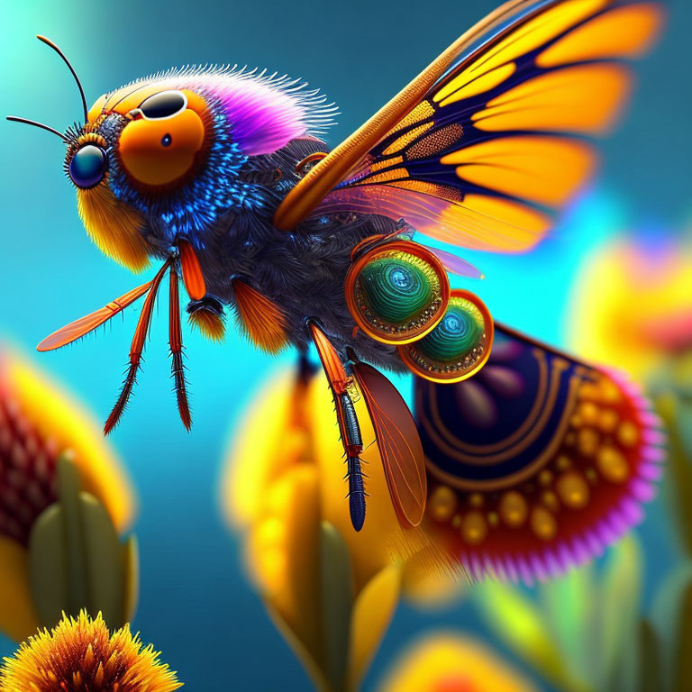 Colorful Stylized Bee Illustration with Intricate Wings and Vibrant Flowers