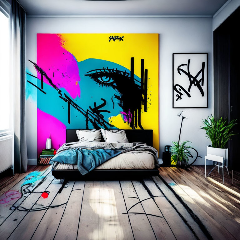 Colorful Abstract Wall Mural in Vibrant Bedroom