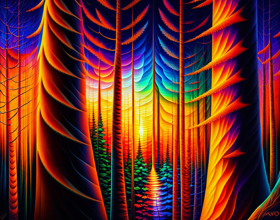 Symmetrical forest-themed digital artwork with vibrant colors