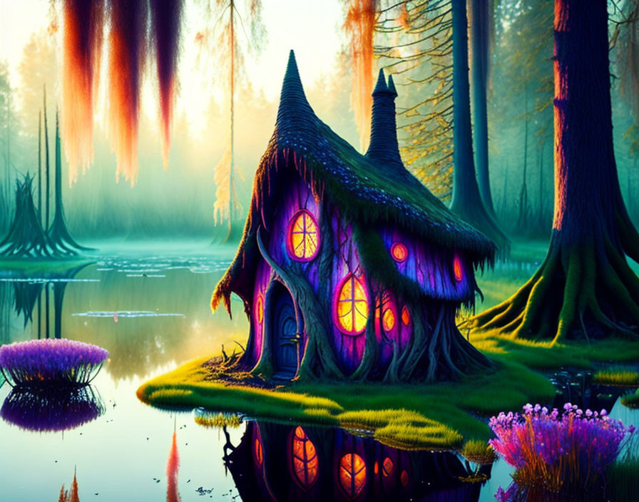 Whimsical cottage with thatched roof in mystical forest at dusk