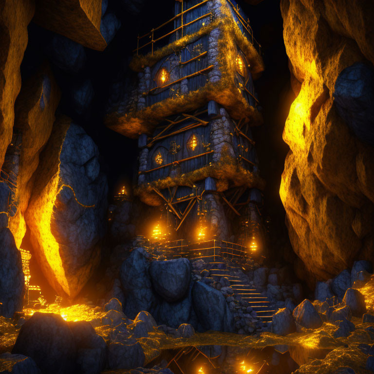 Golden-lit underground cavern with wooden structure and bridges