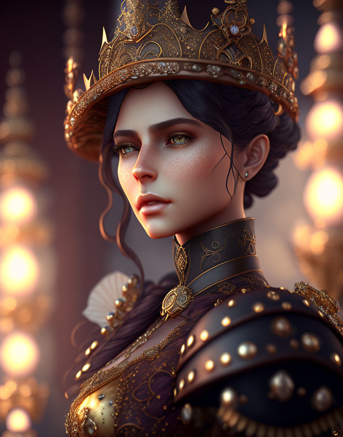 Regal woman in golden crown and armor with glowing lights