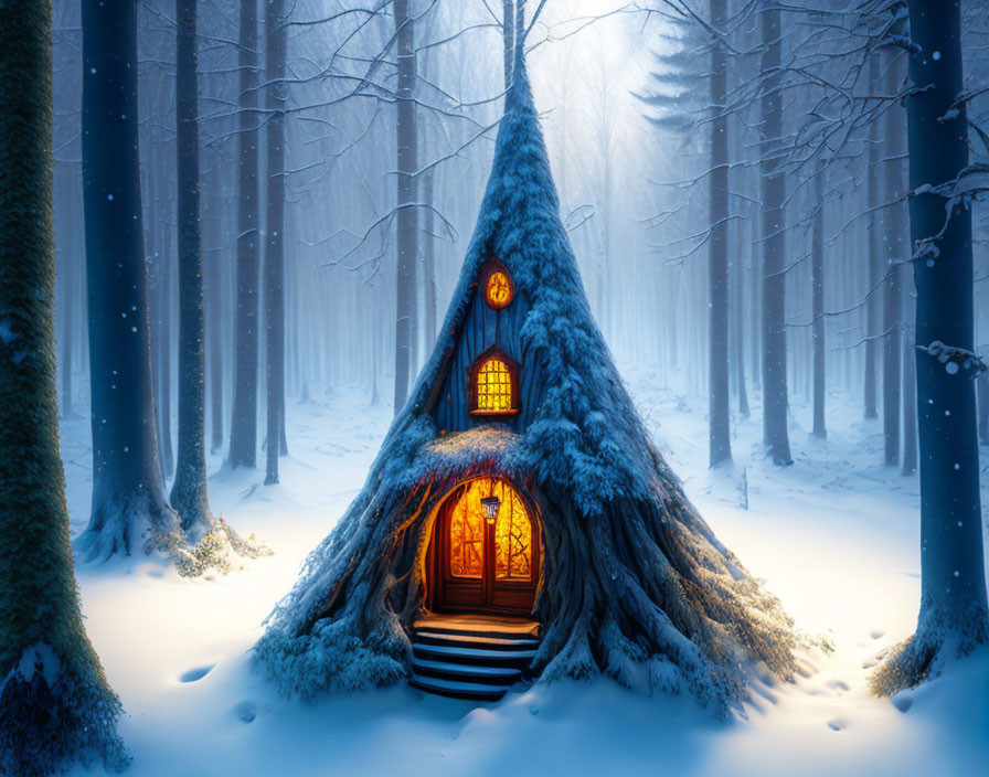 Snow-covered forest cabin glowing in twilight