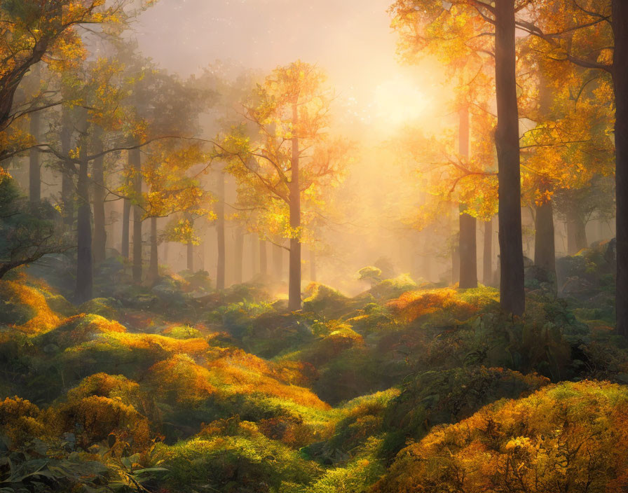 Misty forest scene with golden foliage in warm sunlight