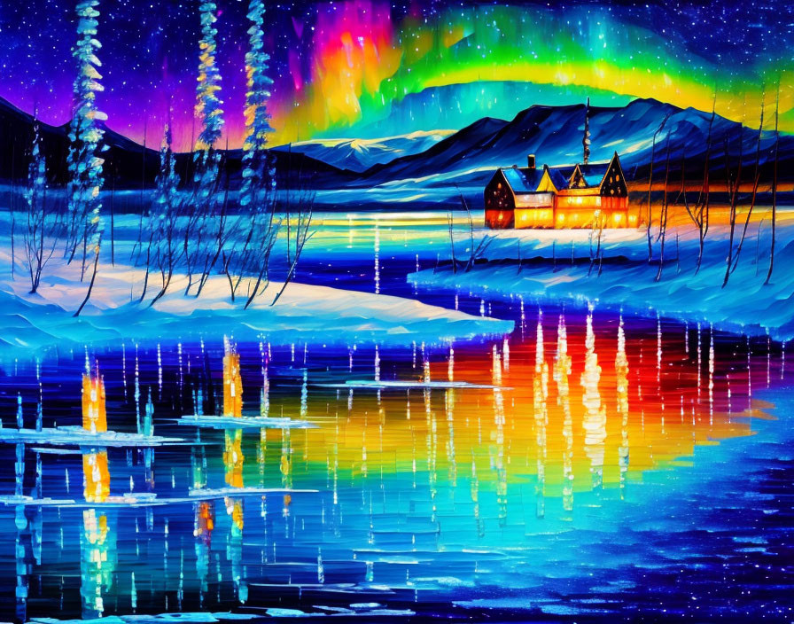 Snowy Night Landscape Painting with Illuminated Houses and Aurora Sky