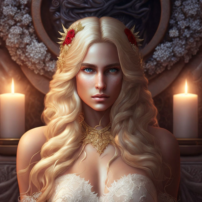 Regal woman with blonde hair, crown, candles, and decorative backdrop
