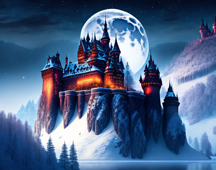 Fantasy castle under full moon in snowy landscape