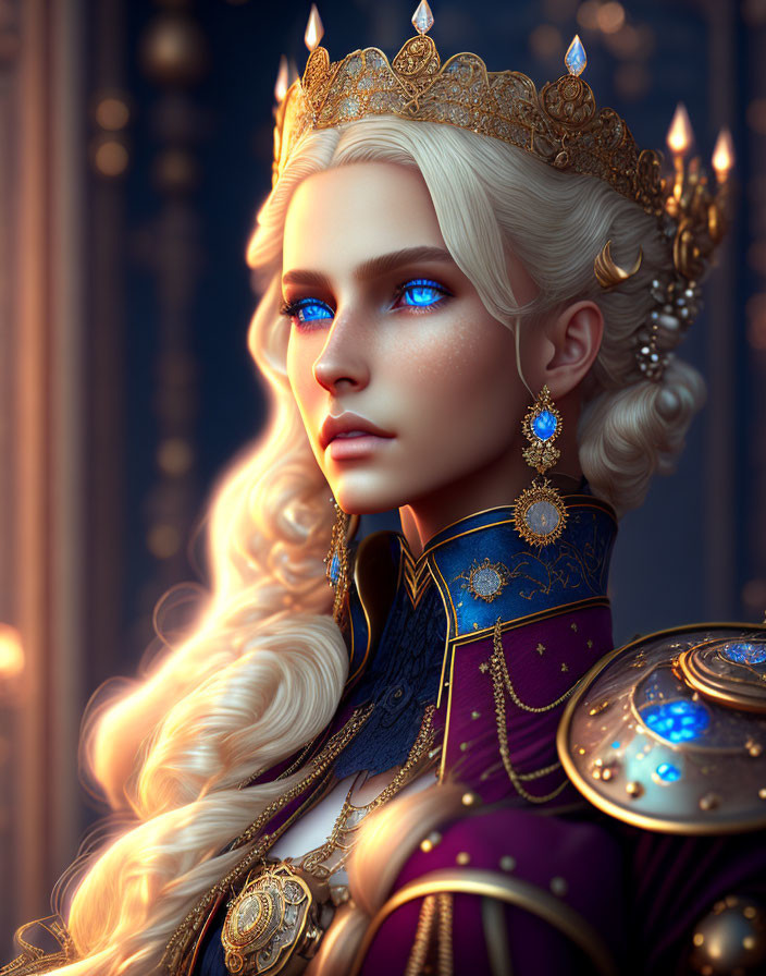 Regal woman with blue eyes in golden crown and armor.