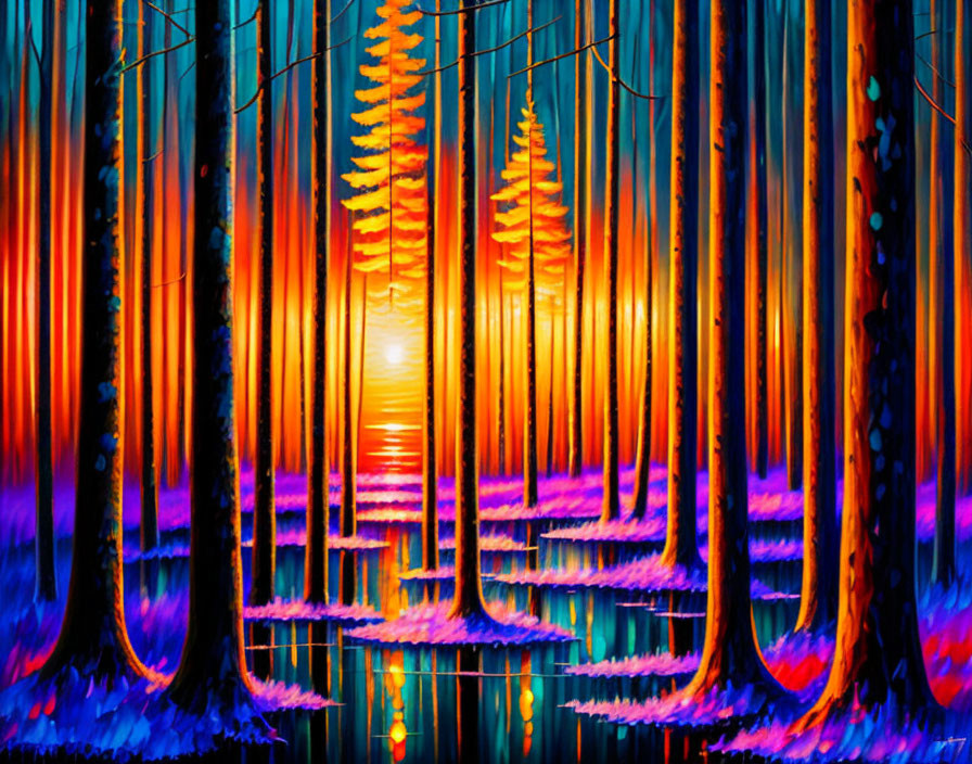 Colorful Forest with Blue-Purple Undergrowth and Orange-Red Sunlight