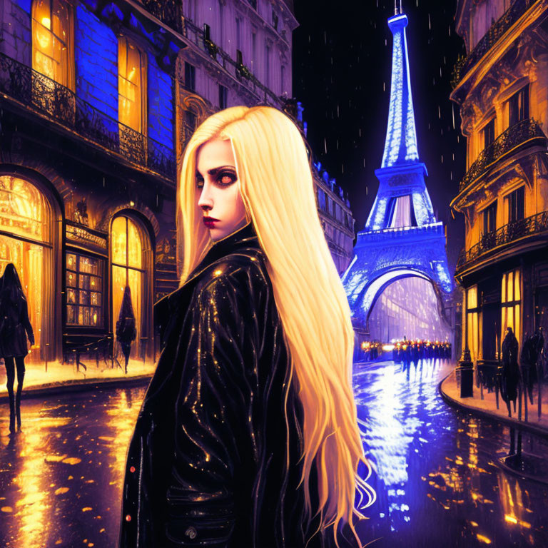 Blonde woman in black jacket on rainy Paris street with Eiffel Tower at night