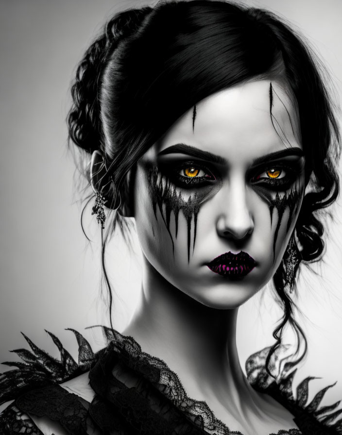 Monochromatic portrait of a woman with yellow eyes and dramatic makeup