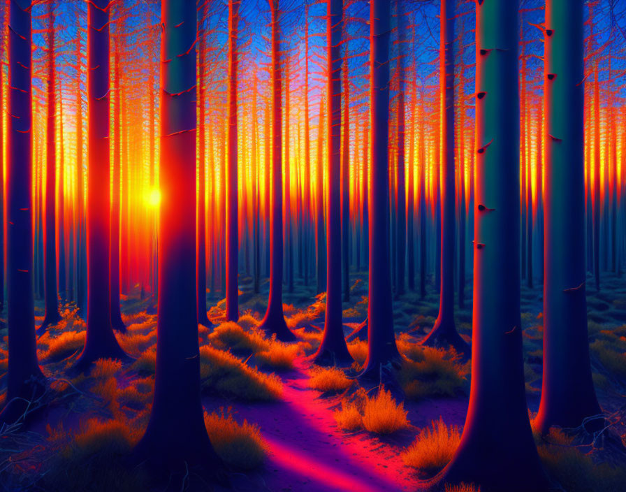 Mystical forest with tall trees under radiant sunset and glowing path