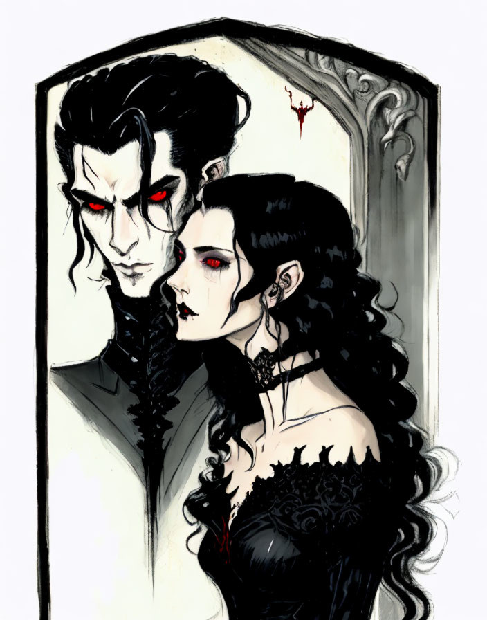 Dark-haired gothic couple with pale skin and red-eyed woman in mirror.