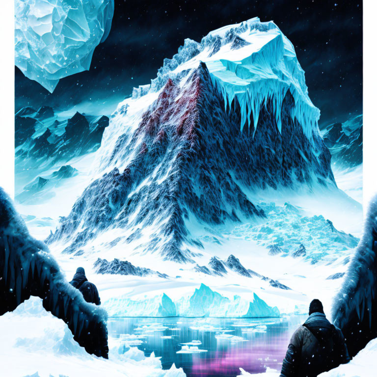 Icy landscape with towering glacier, floating icebergs, and person under twilight sky