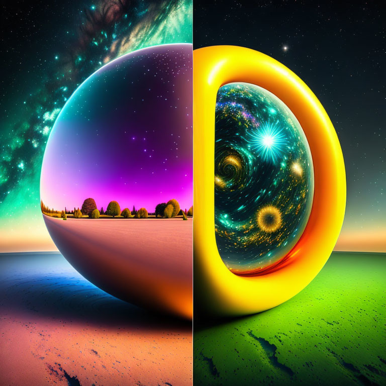 Split Surreal Image: Reflective Sphere in Twilight Field & Glowing Orb in Green Landscape