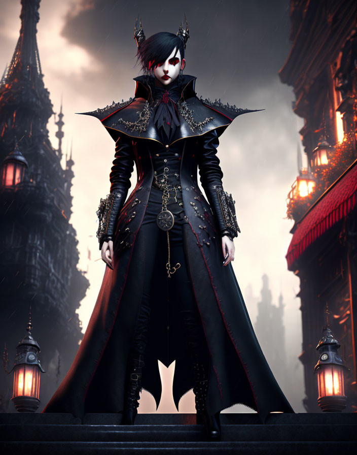 Gothic figure in black coat with gold accents against dark architecture
