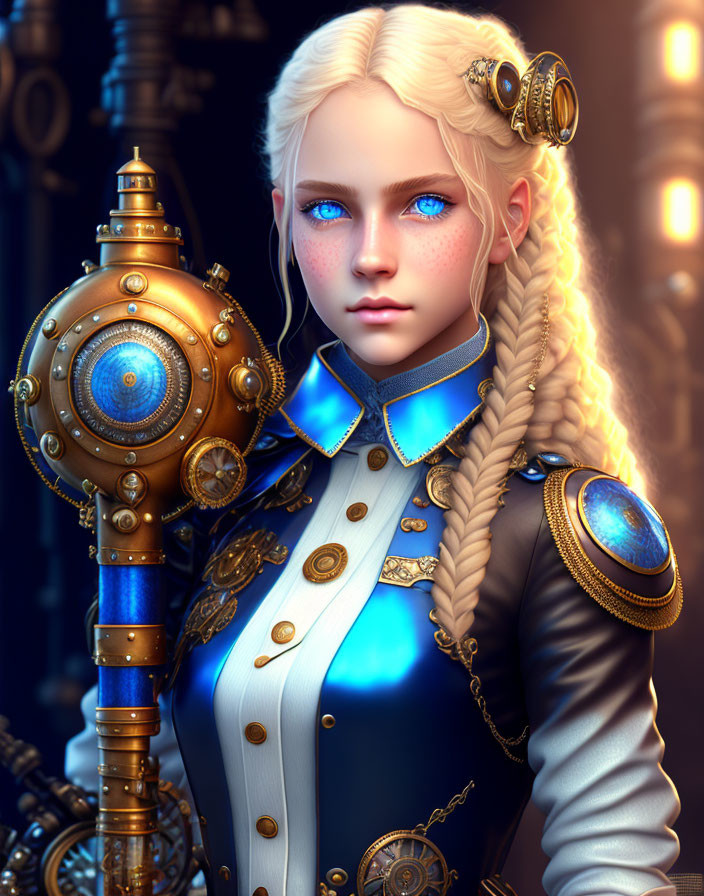 Digital portrait: Female character with blue eyes in steampunk outfit & mechanical arm