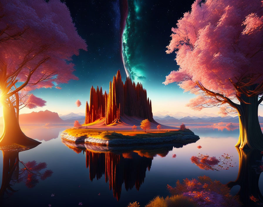 Fantasy landscape: Cherry blossom trees on floating island with starry sky & aurora borealis.