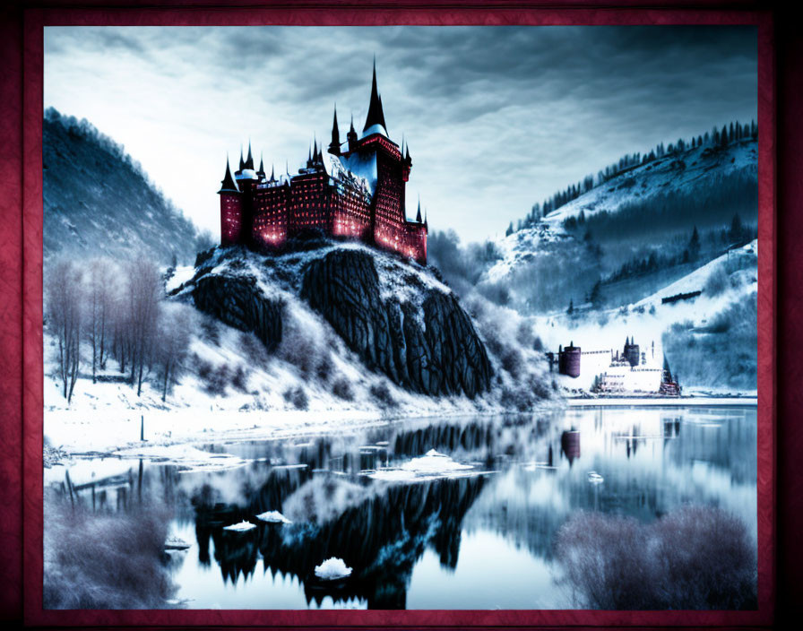 Majestic castle with red glowing windows in snowy winter landscape