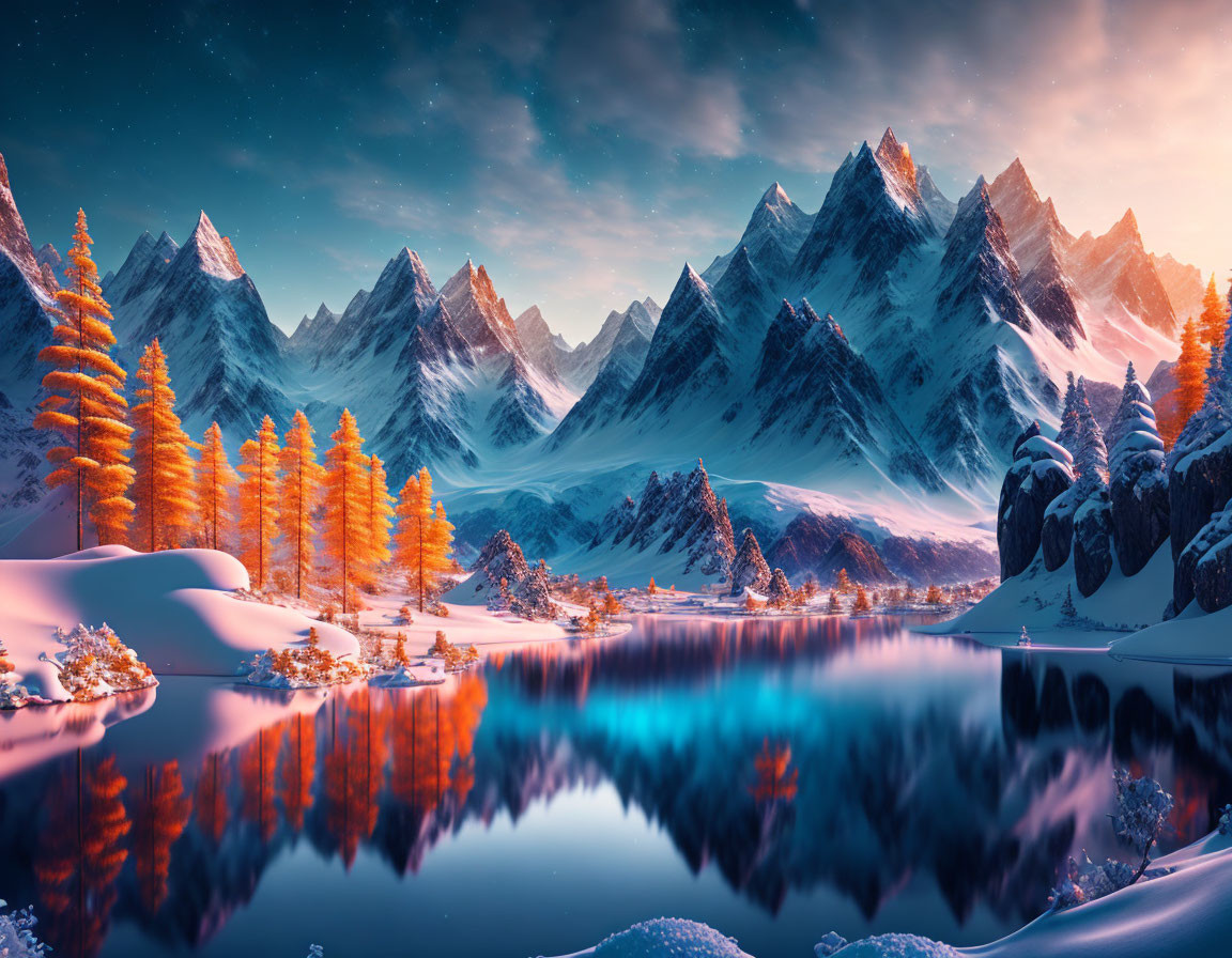 Winter landscape: Blue lake, snowy mountains, golden pine trees