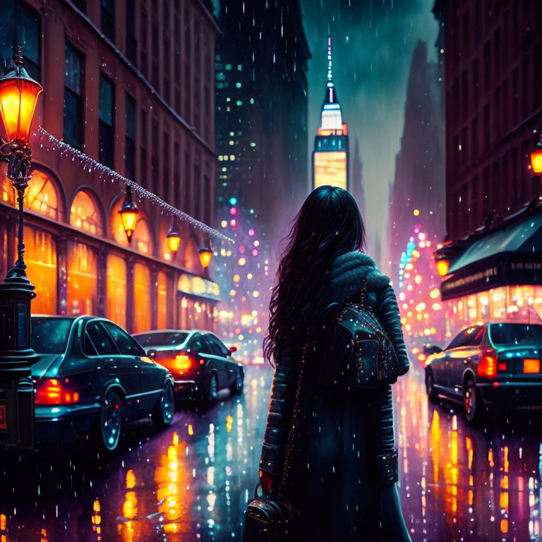 Woman walking in neon-lit city street at night in rain