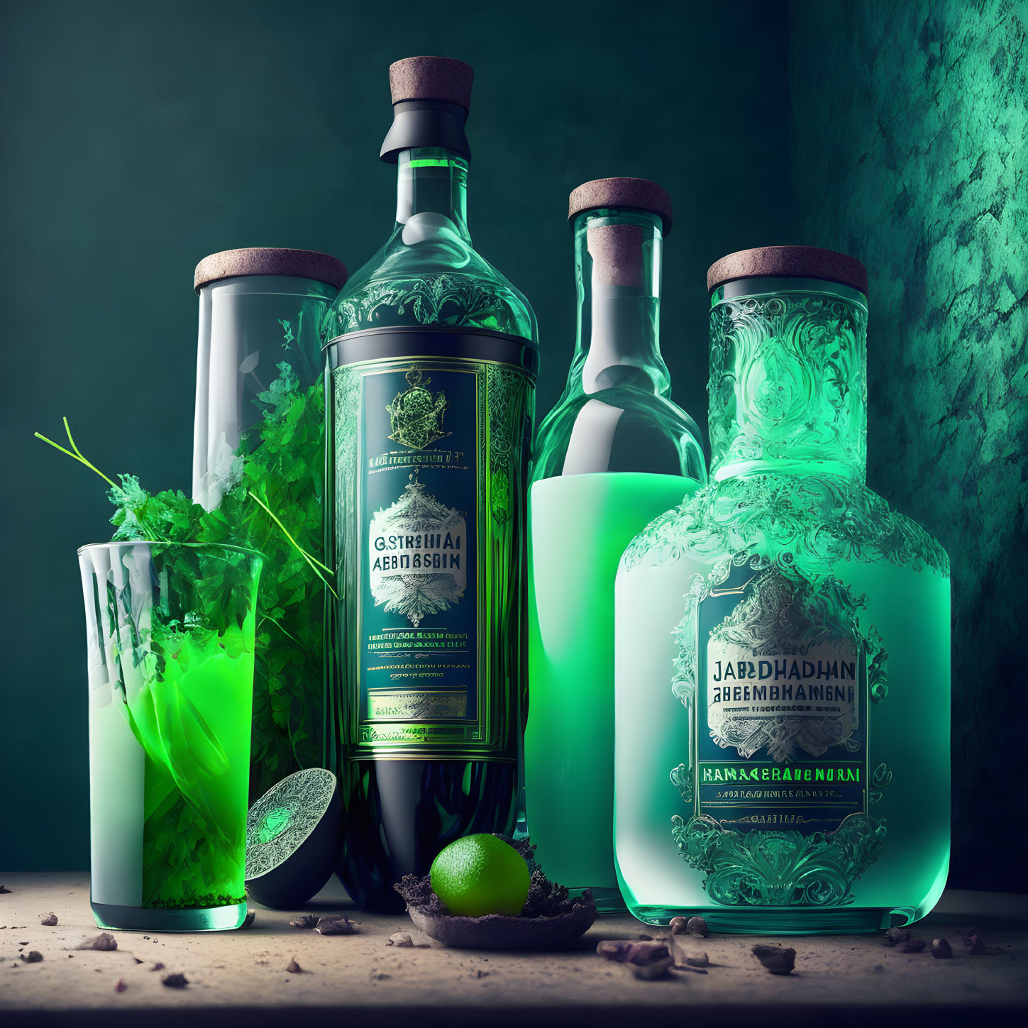Ornate glowing spirits bottles with herbs and lime on dark background