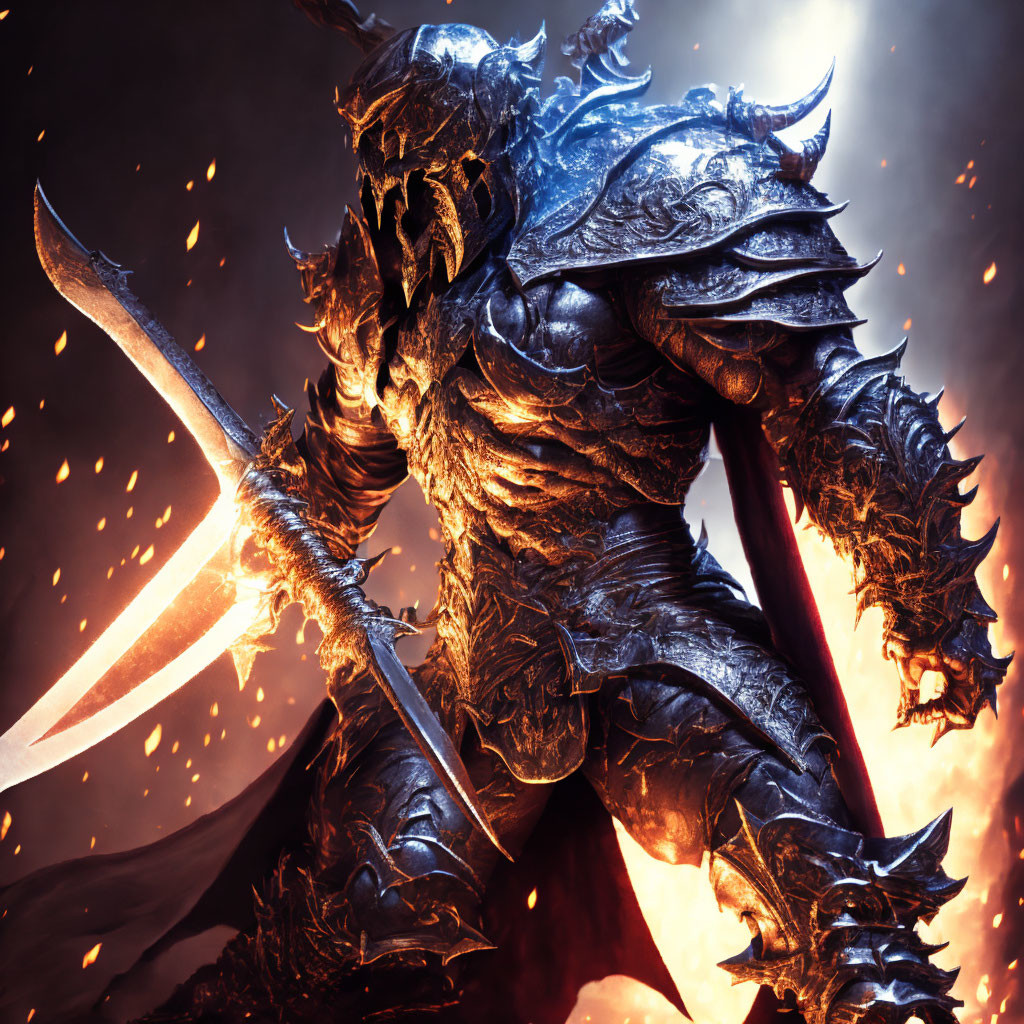 Dark-armored knight with glowing sword amidst fiery embers