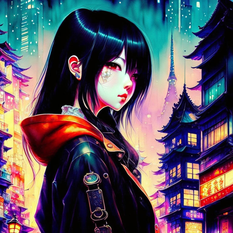 Vibrant illustration: Girl with black hair and red eye in neon-lit cityscape